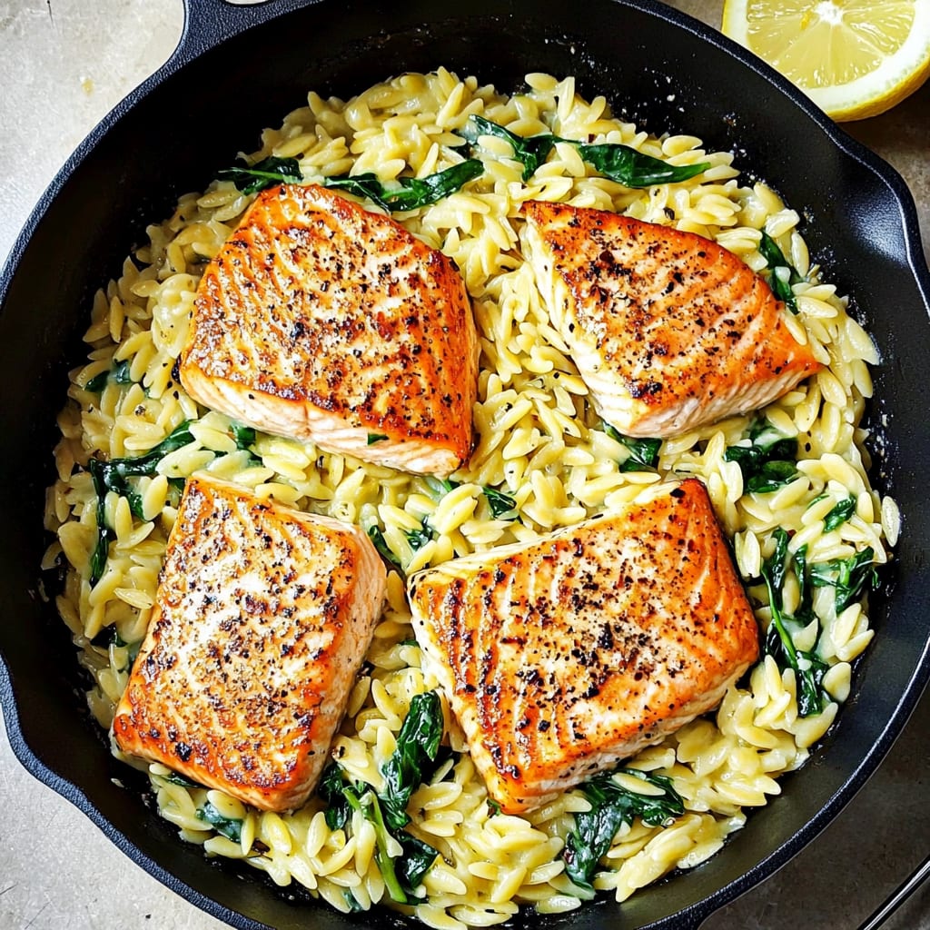One Skillet Salmon with Lemon Orzo