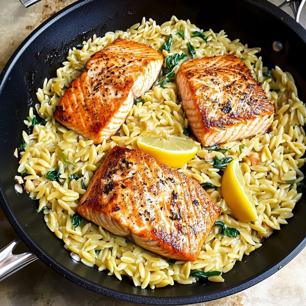 One Skillet Salmon with Lemon Orzo