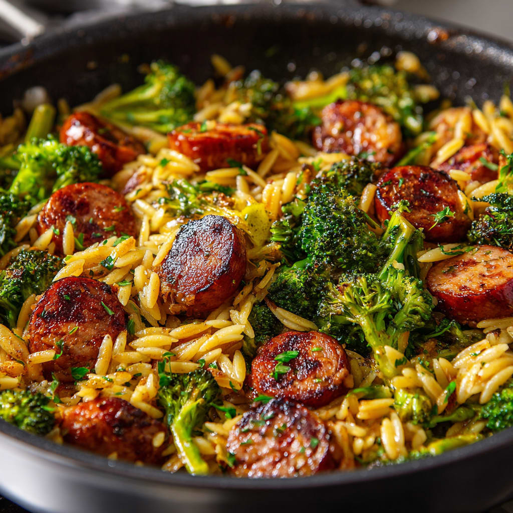 Chicken Sausage, Broccoli, and Orzo Skillet