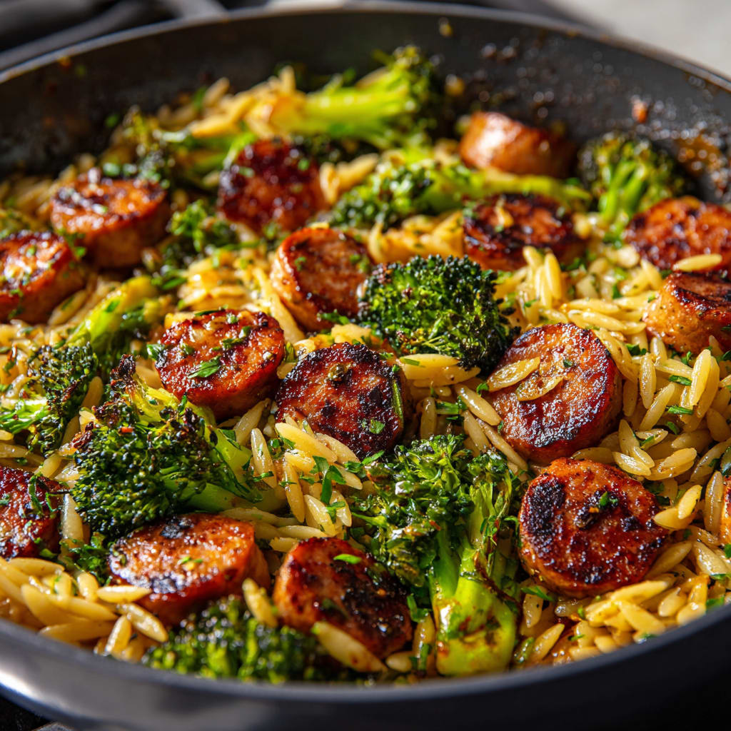Chicken Sausage, Broccoli, and Orzo Skillet