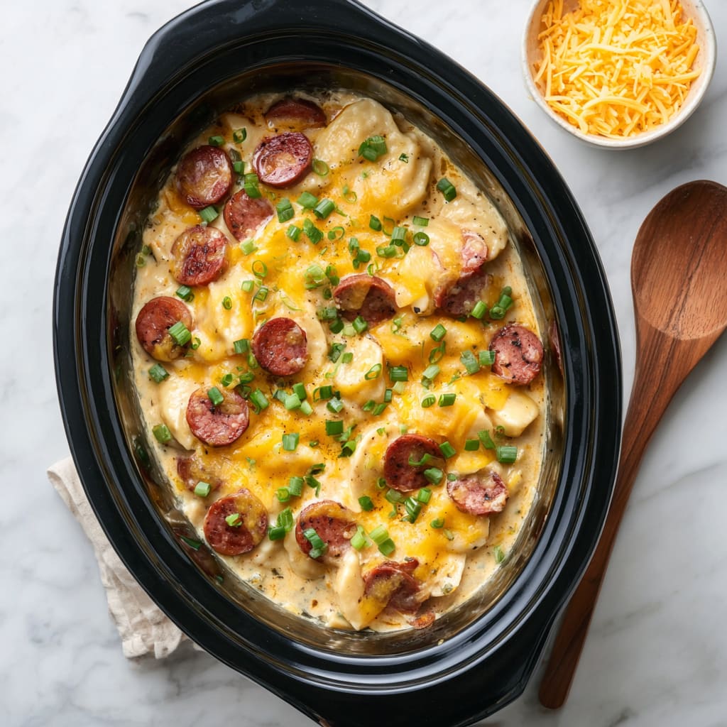 Crockpot Pierogi Casserole with Kielbasa