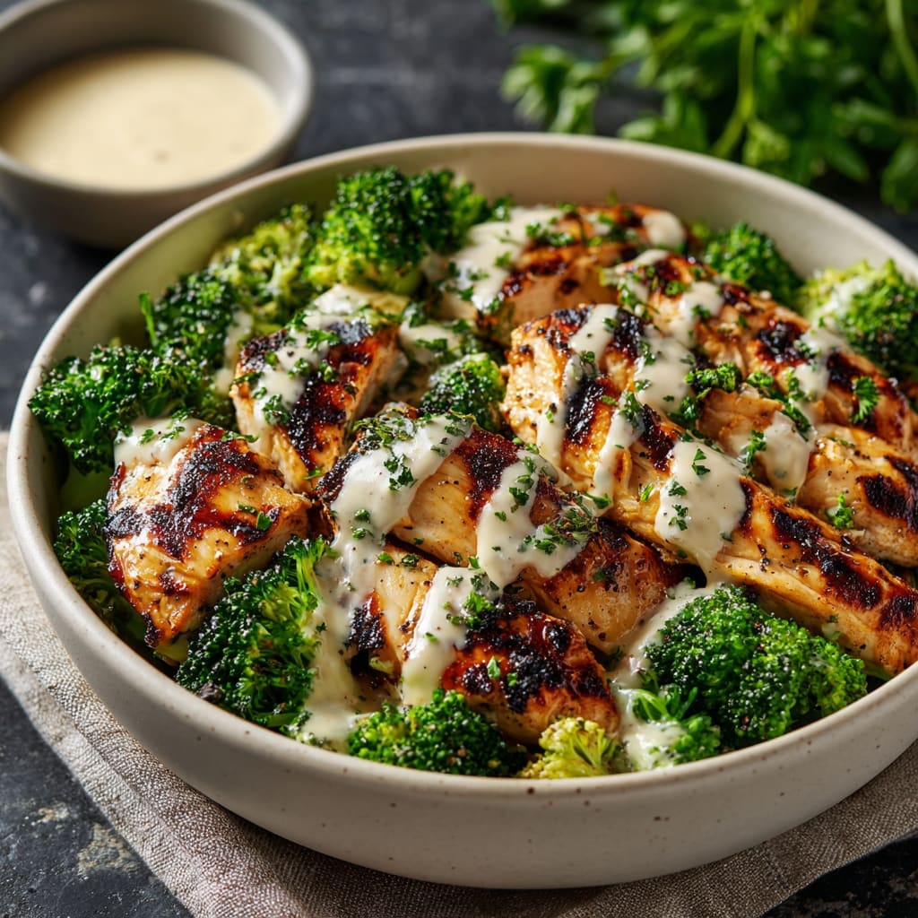 Grilled Chicken & Broccoli Bowls with Creamy Garlic Sauce