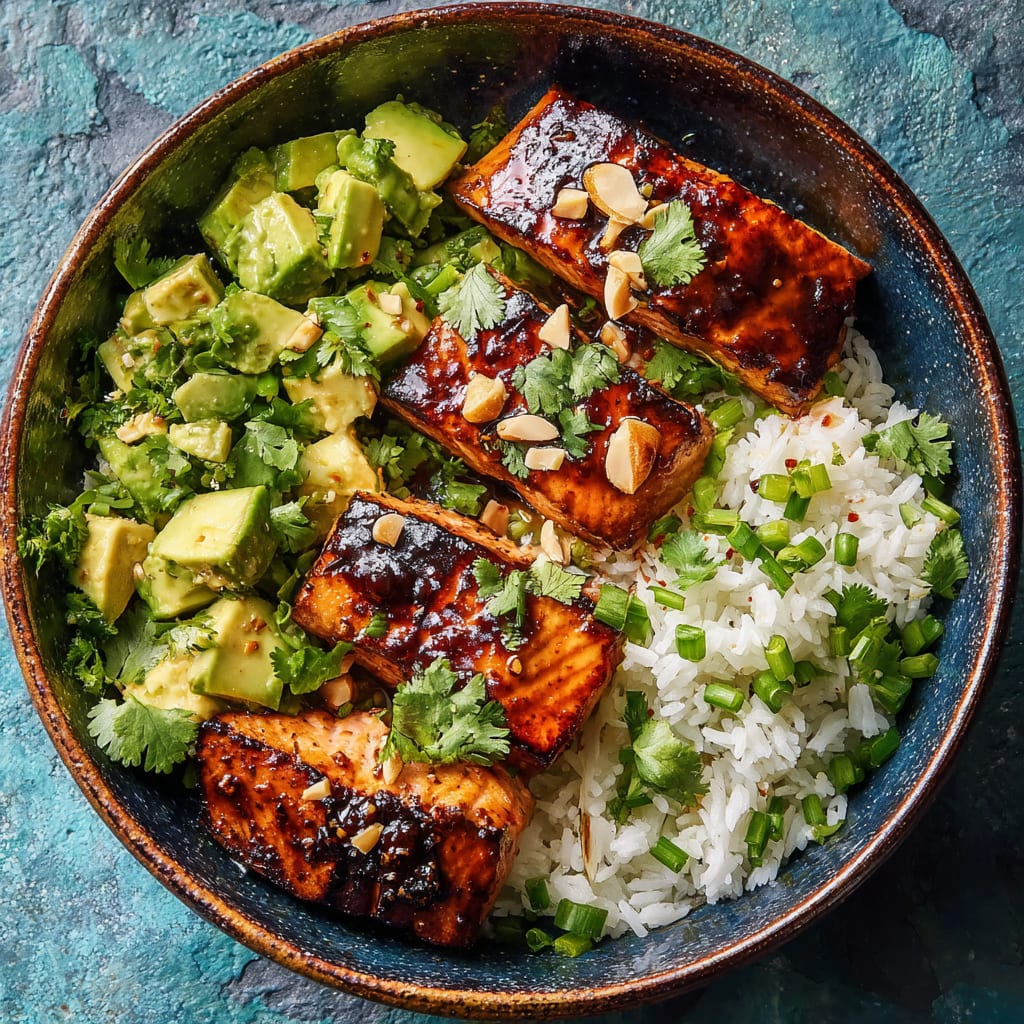 Chipotle Glazed Salmon Bowl with Avocado Feta Salad