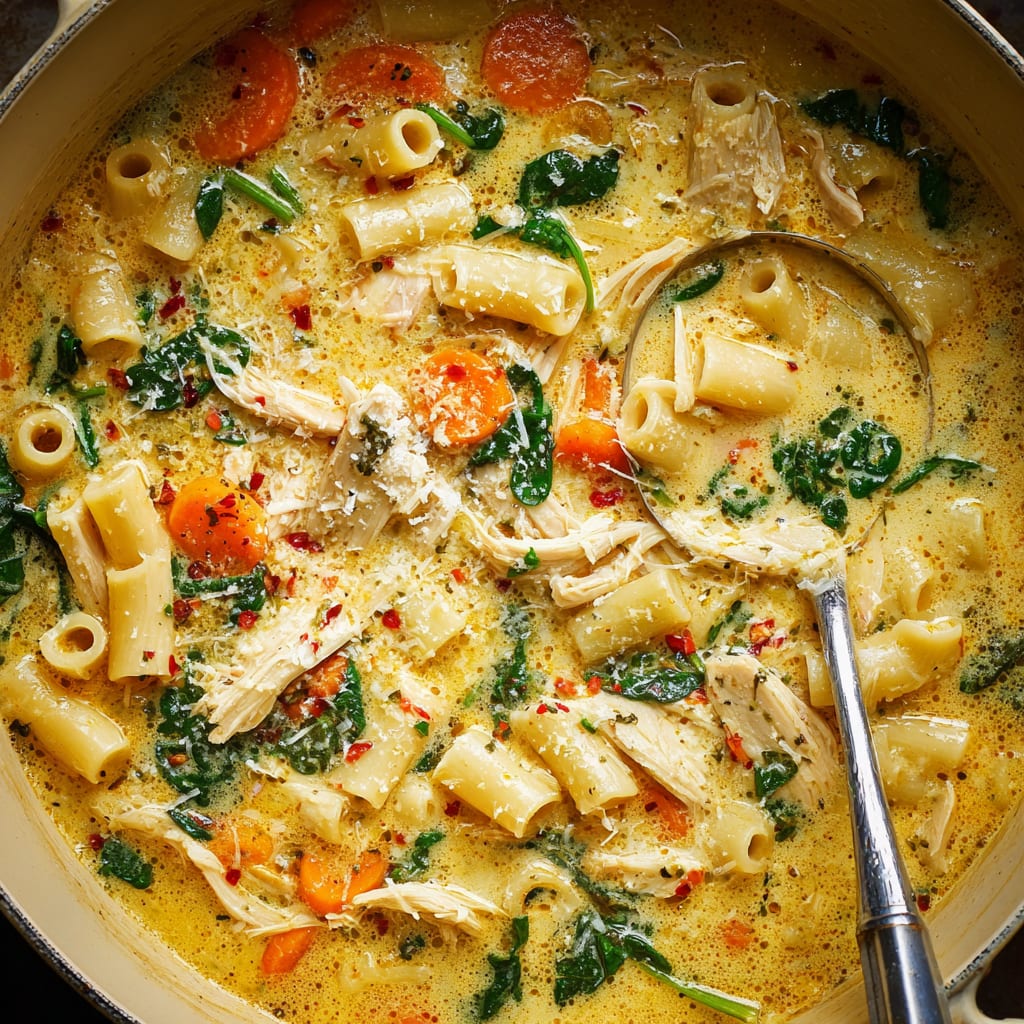 Creamy Chicken Soup with Pasta and Spinach