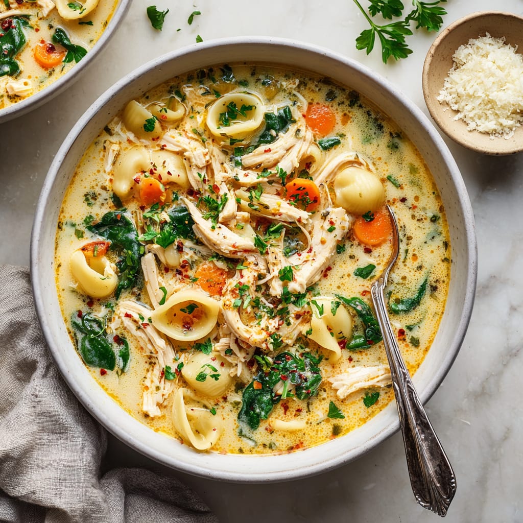 Creamy Chicken Soup with Pasta and Spinach