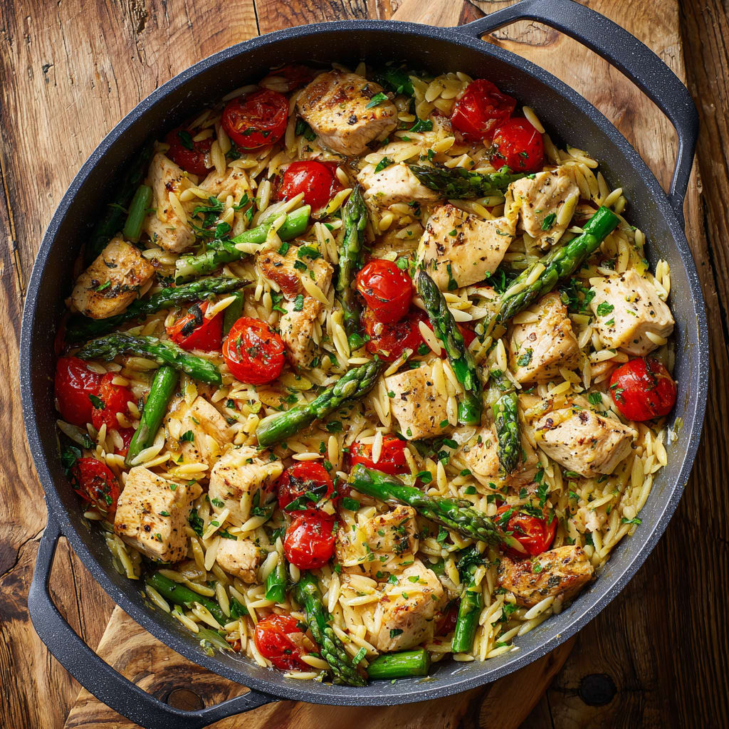Lemon Chicken Orzo with Tomatoes and Asparagus