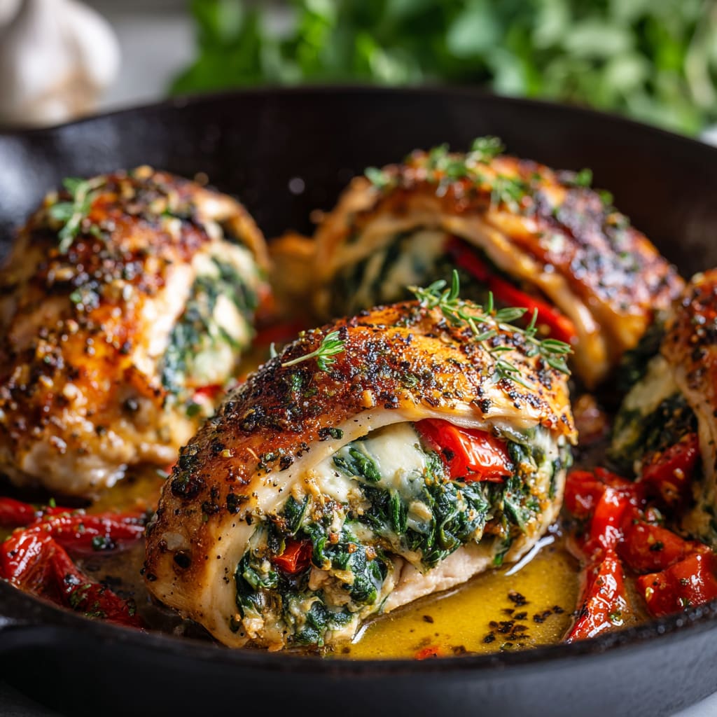 Roasted Red Pepper, Spinach, and Mozzarella Stuffed Chicken