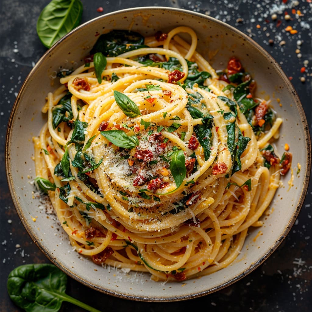 Spaghetti & Spinach with Sun-Dried Tomato Cream Sauce