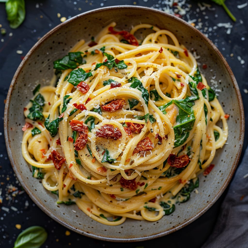 Spaghetti & Spinach with Sun-Dried Tomato Cream Sauce
