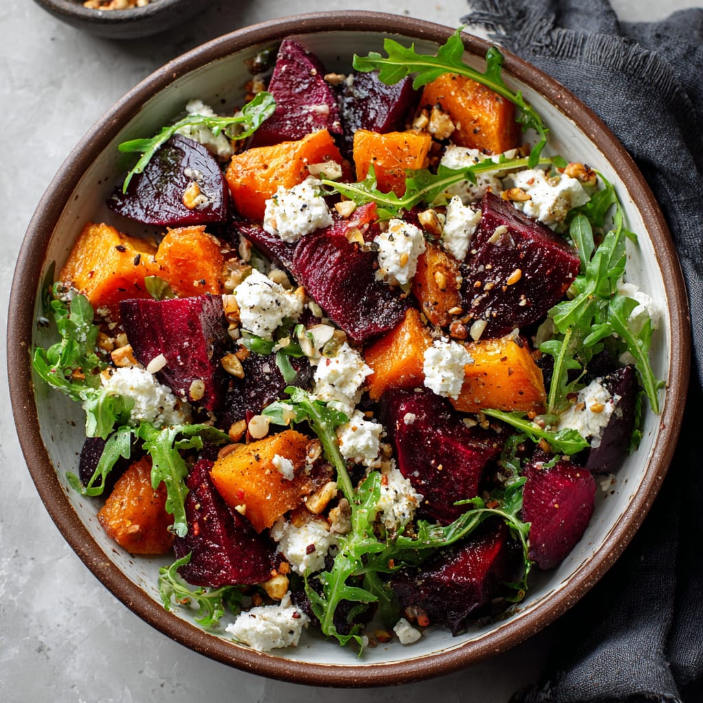 Creamy Roasted Beet Salad with Sweet Potato & Feta