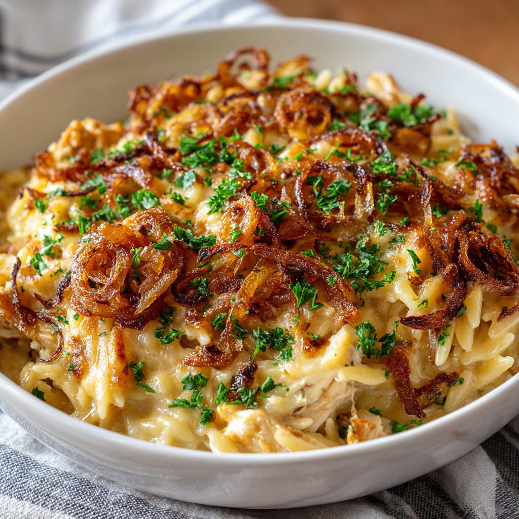 French Onion Chicken Orzo Casserole