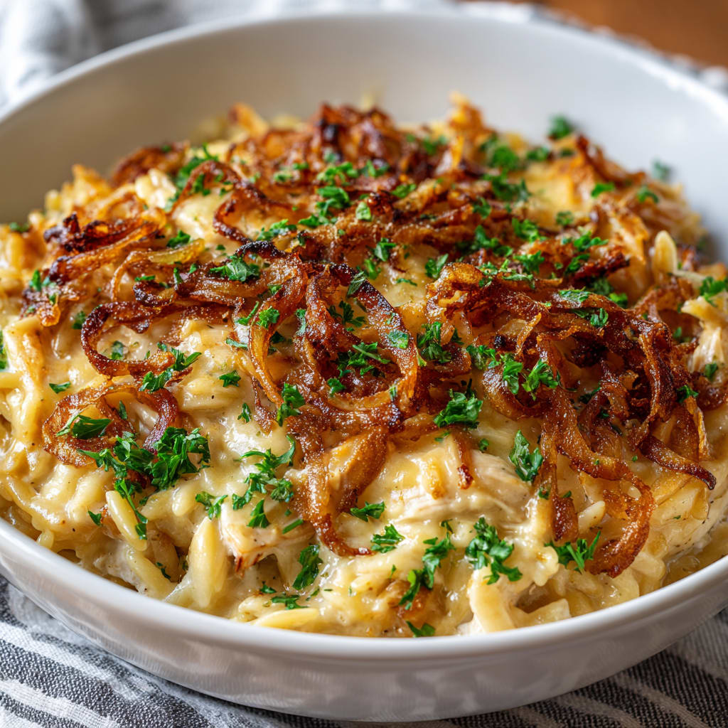 French Onion Chicken Orzo Casserole