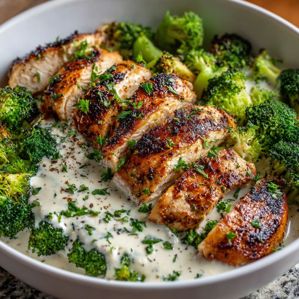Grilled Chicken and Broccoli Bowls with Creamy Garlic Sauce