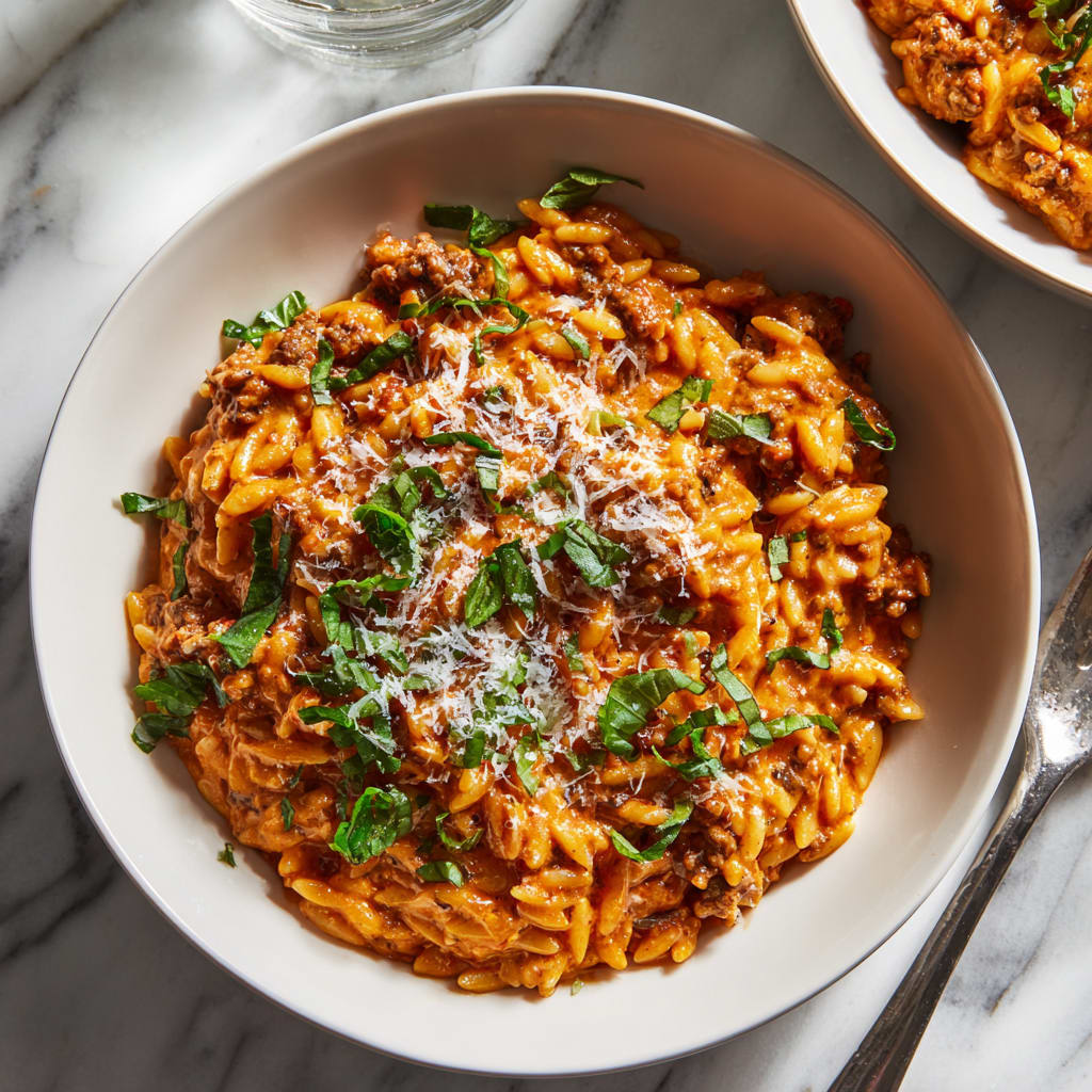 Ground Beef Orzo with Tomato Cream Sauce