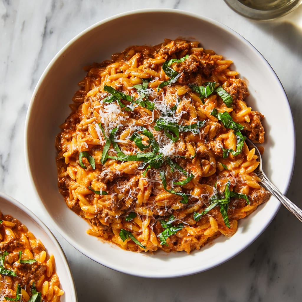 Ground Beef Orzo with Tomato Cream Sauce