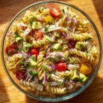 Healthy Chicken Pasta Salad with Avocado, Tomato, and Basil