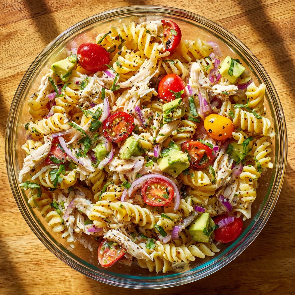 Healthy Chicken Pasta Salad with Avocado, Tomato, and Basil