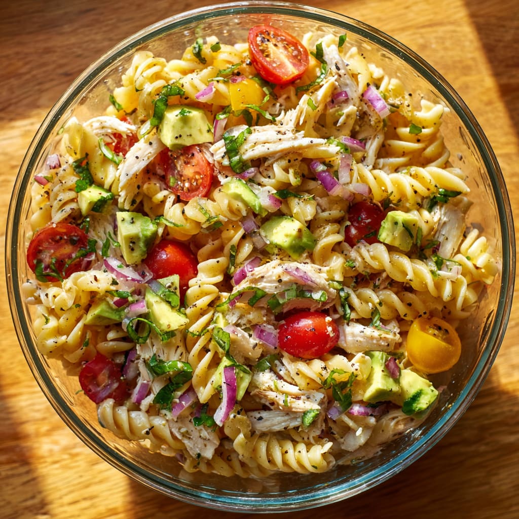 Healthy Chicken Pasta Salad with Avocado, Tomato, and Basil