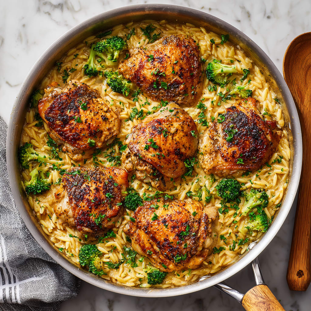 Skillet Chicken Thighs with Broccoli Cheddar Orzo