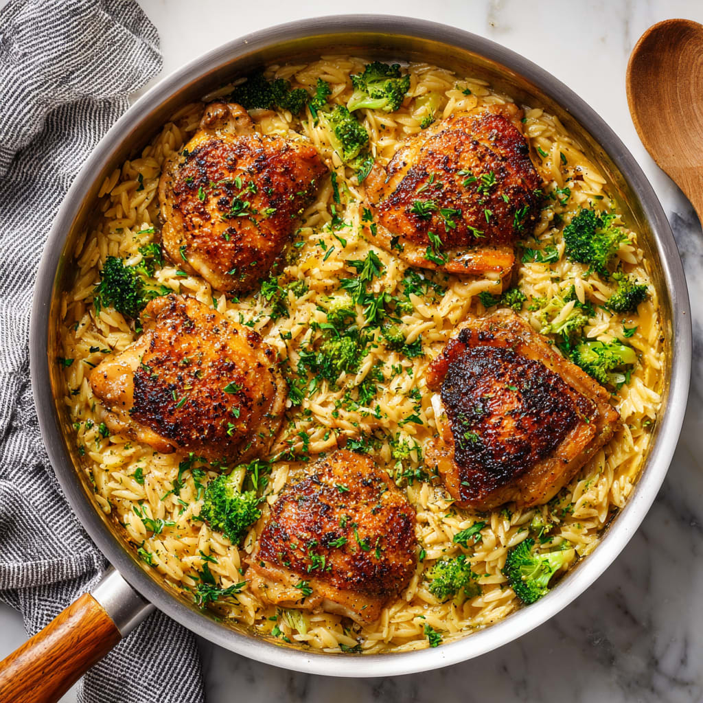 Skillet Chicken Thighs with Broccoli Cheddar Orzo
