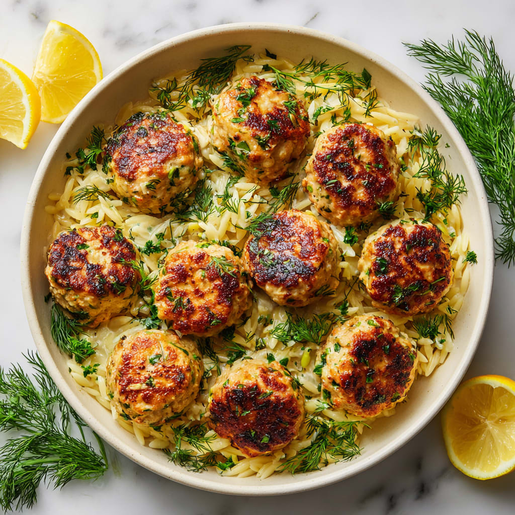 Greek Chicken Meatballs with Lemon Orzo